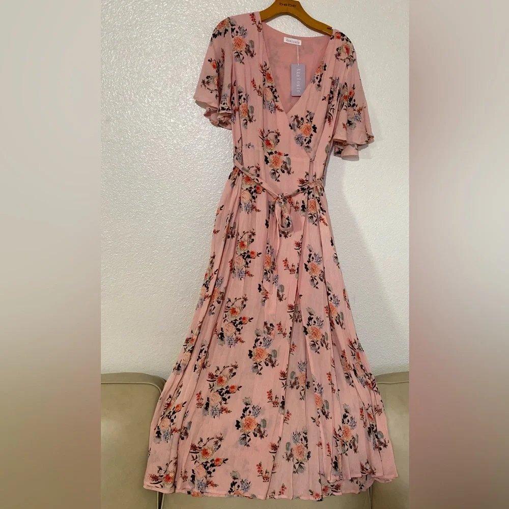 Azalosie Pink Peach Floral Shor Dress SIZE M
Sleeve Wrap High Low Maxi - Picture 9 of 10